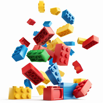 Flying Lego bricks are on a white background..