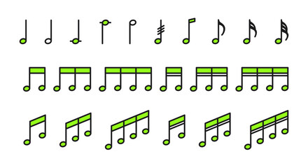 Set of icons with musical notes in green color. Musical notes in a simple and minimalistic style. 