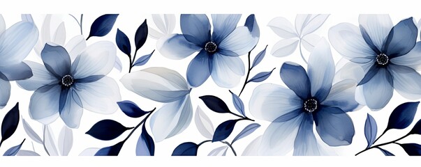 Navy Blue flower petals and leaves on white background seamless watercolor pattern spring floral backdrop 