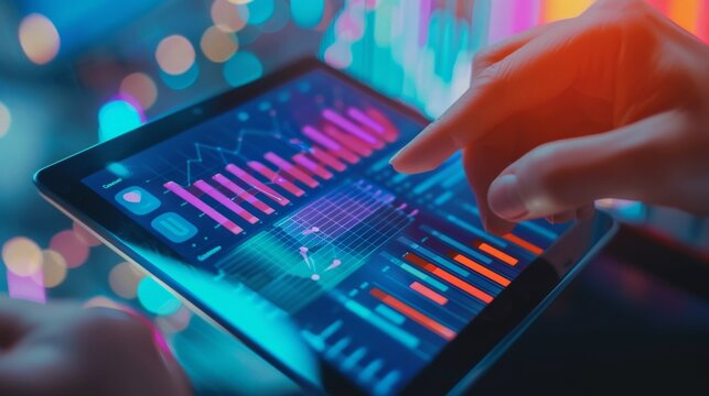Consumer survey analysis on tablet, bright screen, closeup, understanding market needs low noise