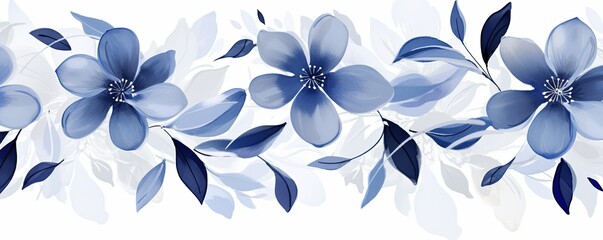 Fototapeta na wymiar Navy Blue flower petals and leaves on white background seamless watercolor pattern spring floral backdrop 