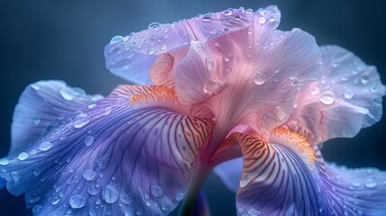   A close-up of a purple flower with droplets of water on its petals against a dark blue background