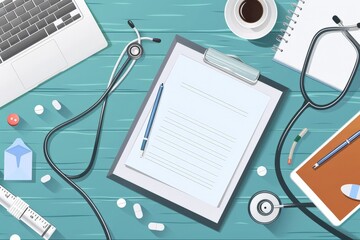 Professional medical desk setup with laptop and stethoscope for healthcare tasks.
