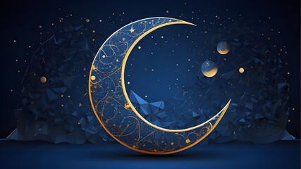 Digital Ramadan moon in an abstract style against a starry night sky. The blue technological...
