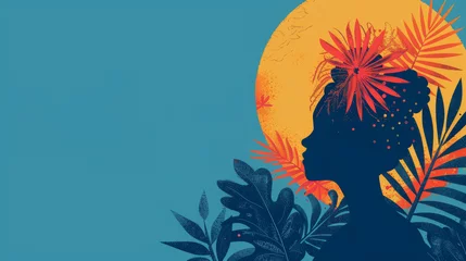 Poster Tropical Sunset Silhouette: Woman, Floral Patterns, and Warm Colors © Yulia