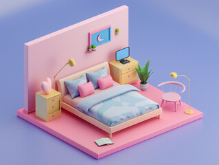 3D isometric render of modern cute room, lively color scheme, minimalist furniture, clear and detailed