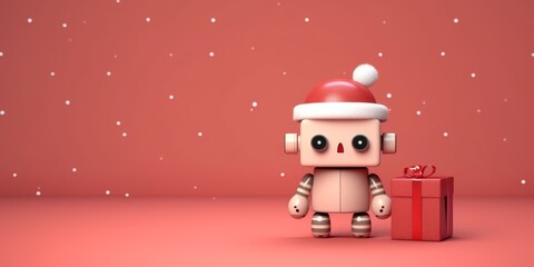 A cute robot dressed as Santa Claus is decorated in a festive atmosphere with a New Year tree and gifts.
Concept: cards and children's events.