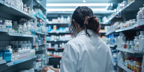 Rear view of a pharmacist at work, surrounded by shelves full of medications.