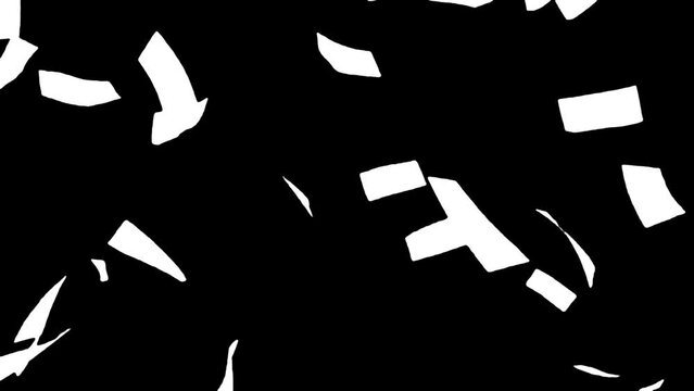 White papers falling down on black background. Black and white for compositing and presentation. Alpha matte isolated.
