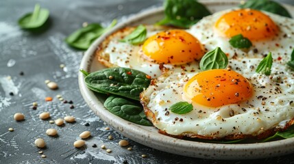   Two fried eggs on a bed of green spinach leaves in a crisp white bowl set on a weathered gray background, with savory herbs and spices strewn about - obrazy, fototapety, plakaty