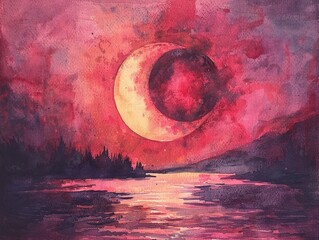 Closeup watercolor scene of a solar eclipse, with radiant pink and red tones, under a soft, shimmering light effect