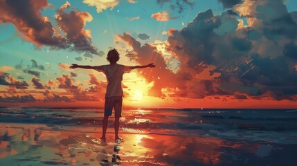 A man stands with his arms outstretched on the beach sunset, silhouette anime style