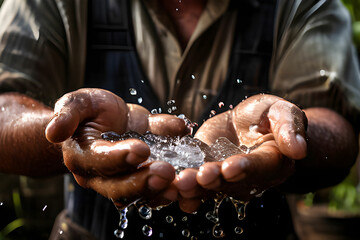 A farmer cupping his hands to catch falling drops of water - obrazy, fototapety, plakaty