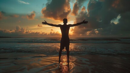 A man stands with his arms outstretched on the beach sunset, silhouette style - obrazy, fototapety, plakaty