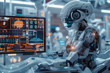 Fototapeta premium A computer-controlled robot with intricate electronic circuits repairs a satellite at night in space