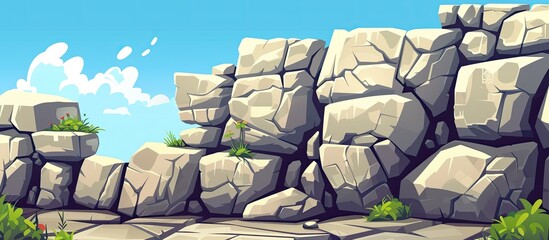 Fototapeta premium A cartoon illustration of a rocky landscape with a blue sky background, featuring grass and a tree. The scene includes a natural landscape with bedrock and clouds