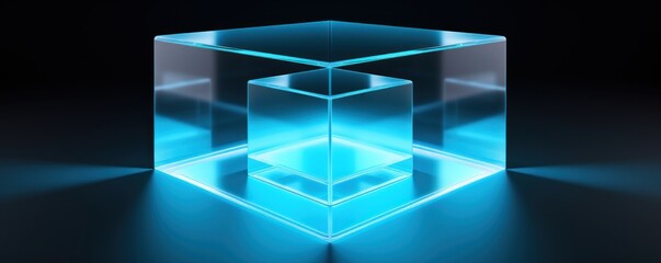 Cyan glass cube abstract 3d render, on black background with copy space minimalism design for text or photo backdrop 