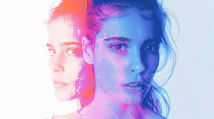 Collage made of two female face against multicolored background. Duotone. Mental health awareness campaign on inner peace and self-reflection. Concept of youth, diversity, psychology, inner world