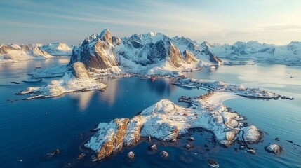 Fototapeta premium An aerial view of a vast expanse of water encircled by snow-capped mountains in the background