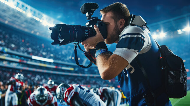 A sports photographer with large telephoto lenses, capturing action shots of players in mid-motion