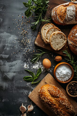 Artisan Bread and Ingredients on Dark Rustic Table