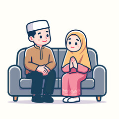 A cartoon of a young Muslim child apologizing to their father