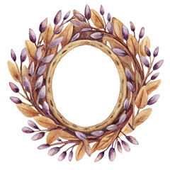 watercolor text frame with autumn leaves and branches on white background