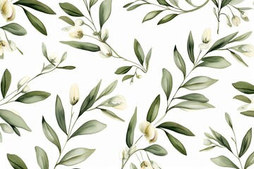 Olive flower petals and leaves on white background seamless watercolor pattern spring floral backdrop  - obrazy, fototapety, plakaty