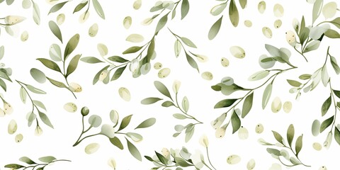 Olive flower petals and leaves on white background seamless watercolor pattern spring floral backdrop 