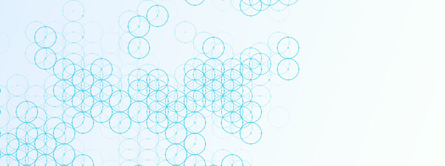 Abstract blue background of circles. Geometric texture of plexus balls, dots. Circular ornament. Chain of cells. Close bond. Poster for technology, medicine, presentations, business. Vector.