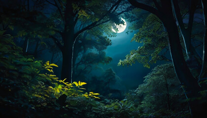 満月が照らす森は、永遠に続く夜 - obrazy, fototapety, plakaty