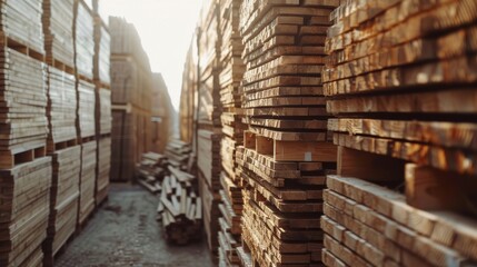 Wooden planks stacked in a warehouse. Woodworking industry