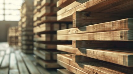 Stack of wooden pallets in warehouse, closeup. Industrial background