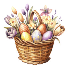 Watercolor wicker basket with eggs and spring flowers in vintage style, isolated on white background