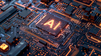 'AI' embedded on PCB motherboard, direct overhead view, complex circuits, clear labeling, bright light - obrazy, fototapety, plakaty