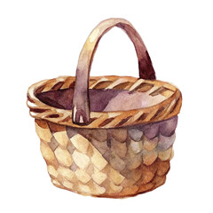 watercolor wicker empty basket in vintage style isolated on white background