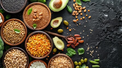   A variety of beans, avocado, and other foods are neatly arranged in small bowls on a black surface