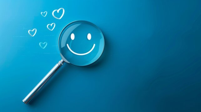 Mental Health Day concept. Magnifying glass help see a smiley face icon that depicts happy and giving a heart of love in the message box. positive thinking, Take care of your mental health, Customer,