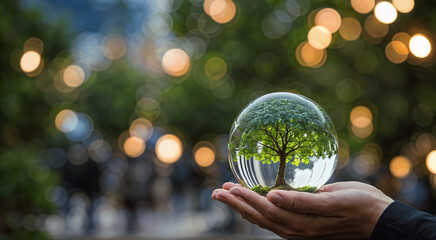 Fototapeta premium Man holding a glass sphere with a tree in his hands
