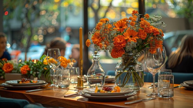   A Wooden Table Adorned With An Orange-flowered Vase, Beside A Plate Of Fruits And Vegetables