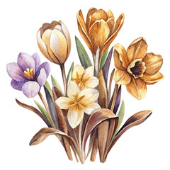 Watercolor set of spring flowers, tulips, daffodils