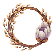 watercolor round text frame made of vines and Easter willow, spring flowers, isolated on white background