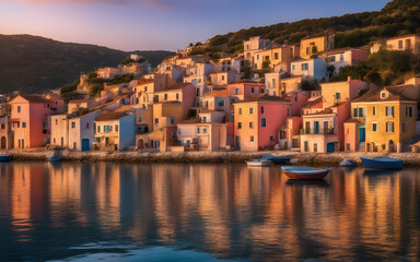 Panoramic view of a picturesque coastal village at sunset, pastel houses reflecting in the calm sea