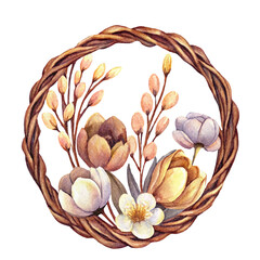 watercolor round text frame made of vines and Easter willow, spring flowers, isolated on white background