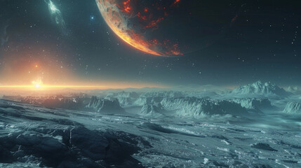 Science Fiction, An alien world with icy terrain and a space colony under a cosmic sky. - obrazy, fototapety, plakaty