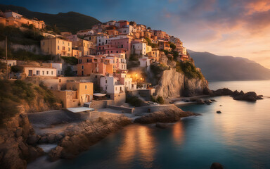 Panoramic view of a picturesque coastal village at sunset, pastel houses reflecting in the calm sea