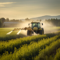 Farming tractor crop sprayer on green field - 778913541