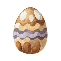 Watercolor Easter egg with patterns, lines, isolated on white background