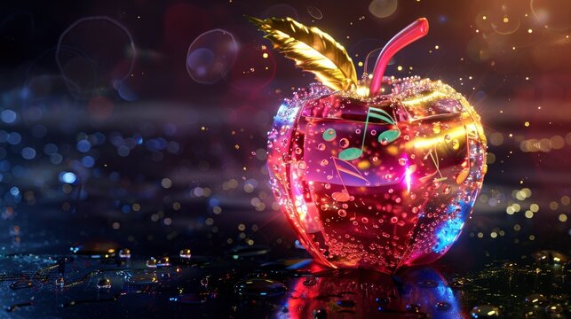 3D crystal apple with musical notes, shiny and colorful, high resolution, glowing light effects, golden leaf and pink stem, vibrant colors, highly detailed texture
