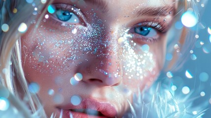 A beautiful blonde model with blue eyes and silver glitter on her face, wearing a futuristic dress made of crystals, close up portrait - obrazy, fototapety, plakaty
